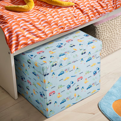 Under-bed toy box, BARNDRÖM, blue with colourful vehicles, fits neatly under bed, size approx. 1x2x1. 5 ft.