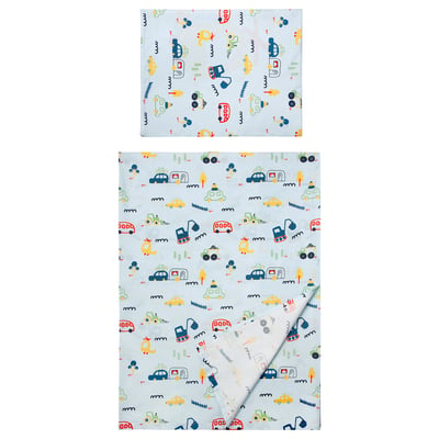 BARNDRÖM Flat sheet and pillowcase, blue/vehicles/roads pattern, 150x250/50x80 cm