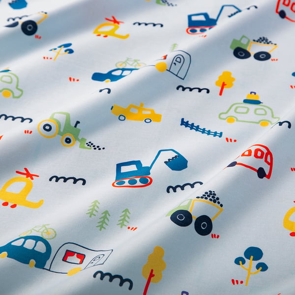 A fabric featuring colourful kids vehicle prints, soft cotton-viscose blend, printed evenly and crisply.
