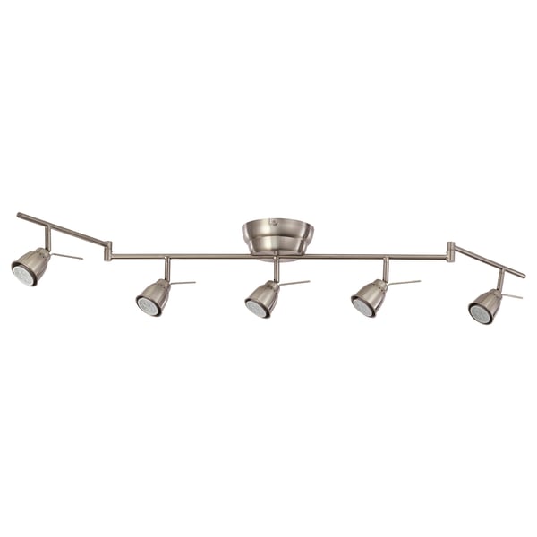 A BAROMETER nickel-plated ceiling track light. It 5 adjustable spotlights in a linear design.
