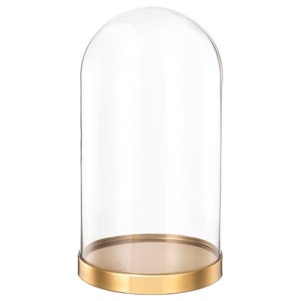 BEGÅVNING glass dome on gold base; clear, cylindrical, protects decor.