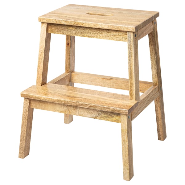 BEKVÄM step stool, light brown, solid mango wood, rectangular, simple, two-step design.