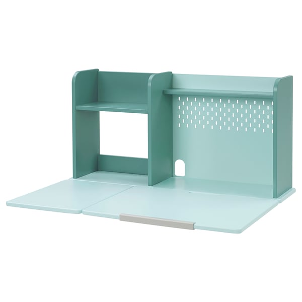 BERGLÄRKA desk: teal, compact, foldable, with upper storage.