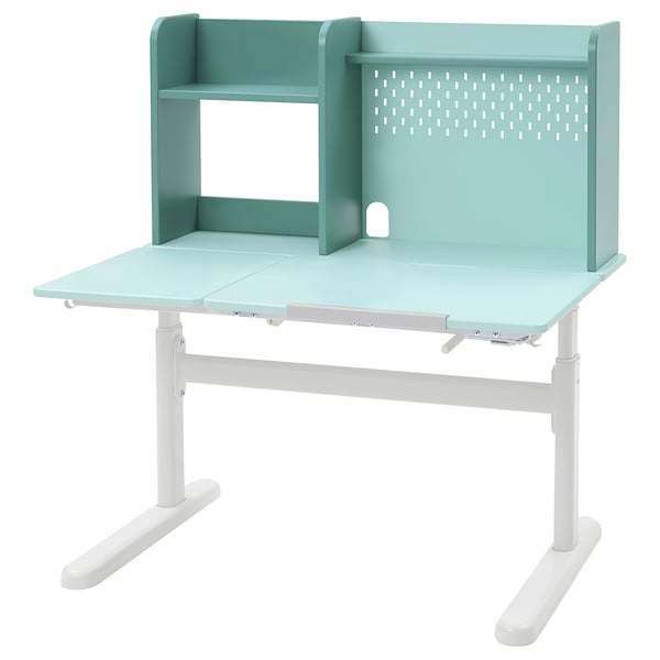 Modern mint-green desk with adjustable height.