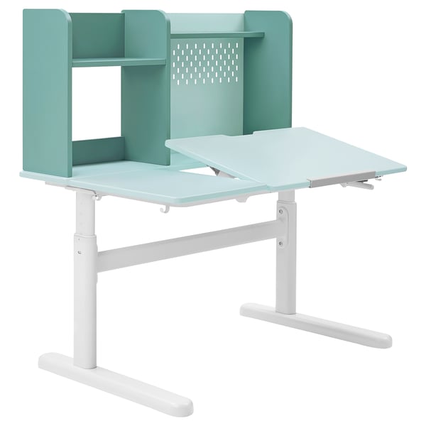 The BERGLÄRKA desk is mint green with a white metal base. It adjustable height, a tiltable tabletop, a pegboard, and shelves for storage.