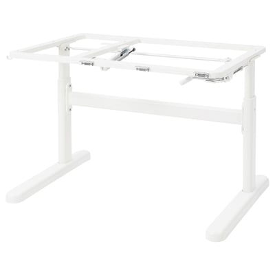 A white BERGLÄRKA adjustable desk stand with metal frame and plastic feet.