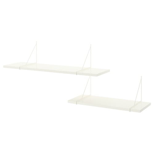 Two white wall-mounted shelves with triangular metal supports. Minimalist design for modern spaces.