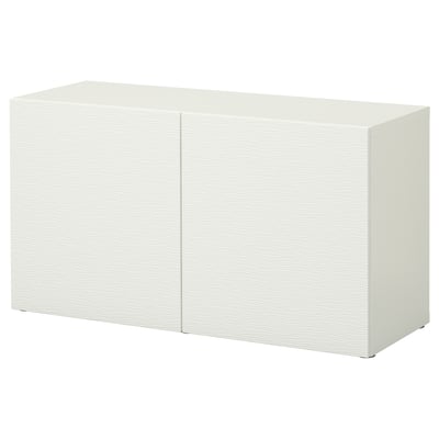 A white BESTÅ storage unit, featuring a rectangular shape with two doors and a sleek, modern design.