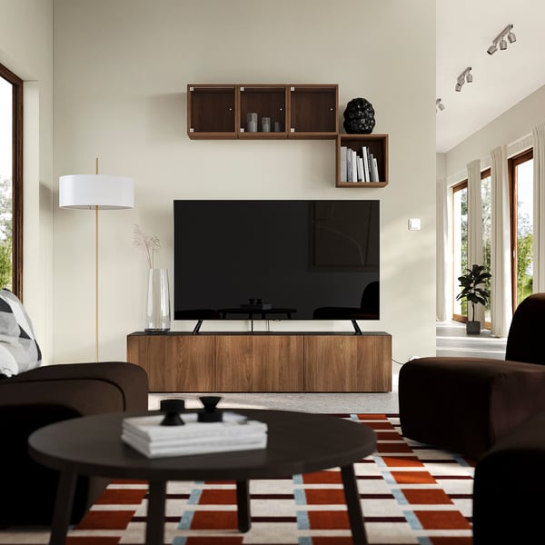 BESTÅ TV bench with doors, black-brown Lappviken/brown walnut effect, 180x42x38 cm