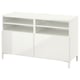 White BESTÅ tv stand, minimalist design with open shelves and cabinet.