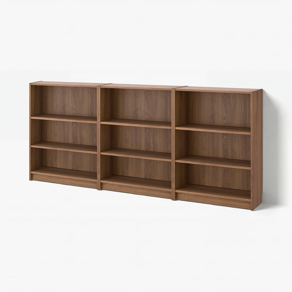 Brown BILLY bookcase with three empty shelves.