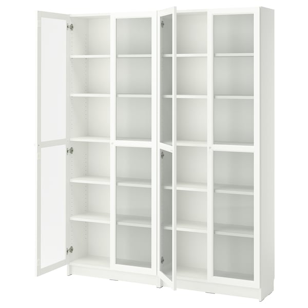 White BILLY bookcase with glass doors, clean design, adjustable shelves.