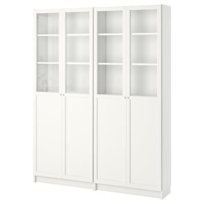 White BILLY bookcase with glass doors, five adjustable shelves, modern minimalist design.