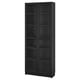 Black BILLY bookcase with glass doors. Tall, rectangular, modern design, wooden texture. Items while protecting from dust.