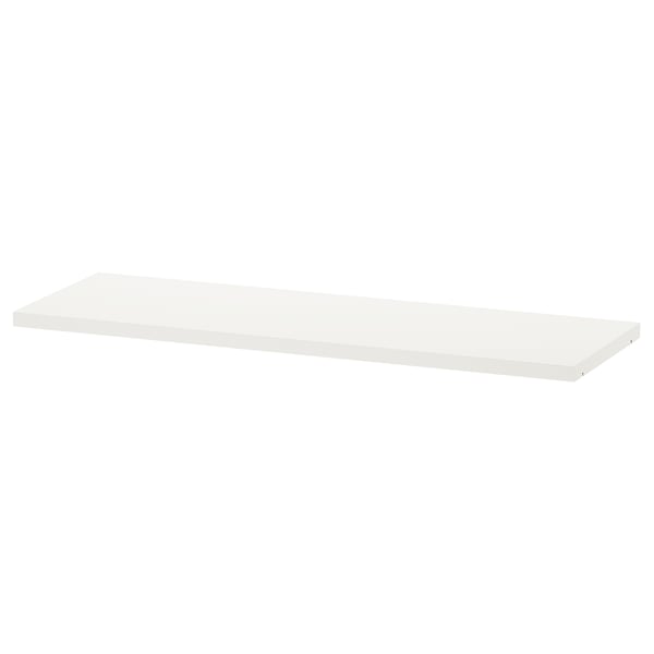 White BILLY shelf, rectangular, flat surface, made of particleboard with plastic edging. Minimalist design, perfect for storage.