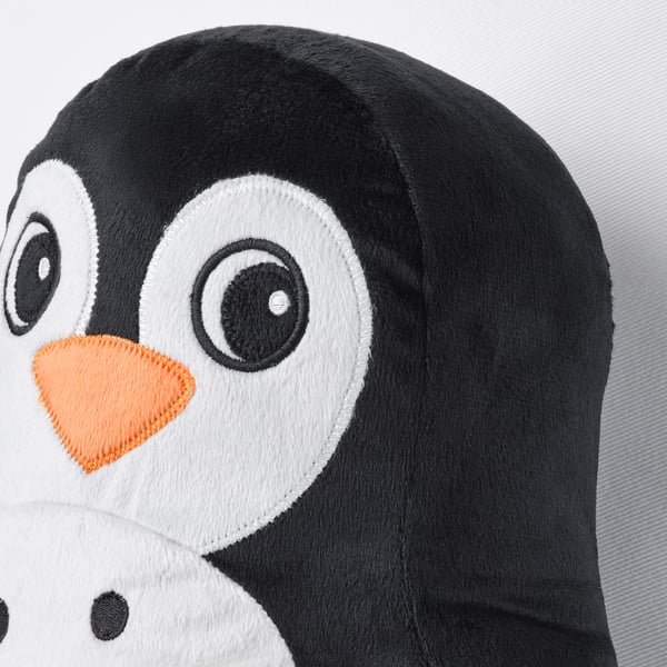 Cute stuffed penguin toy with large eyes and orange beak, made of soft fabric, perfect for kids.