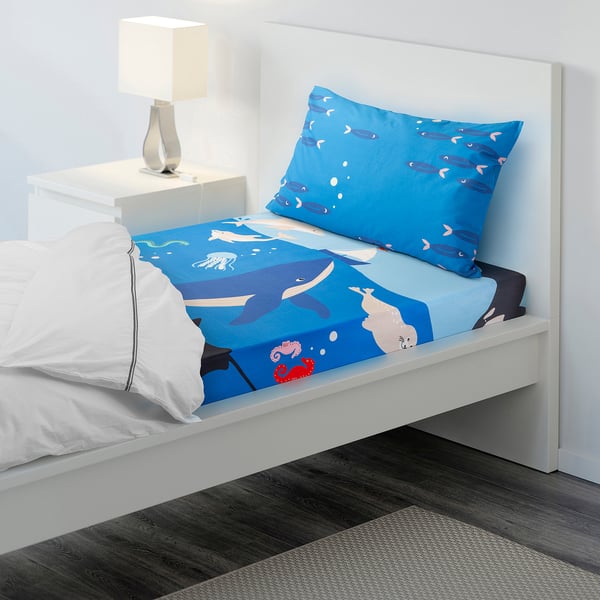 Blue BLÅVINGAD kid bedding, cotton blend, whales design, fits standard single bed.