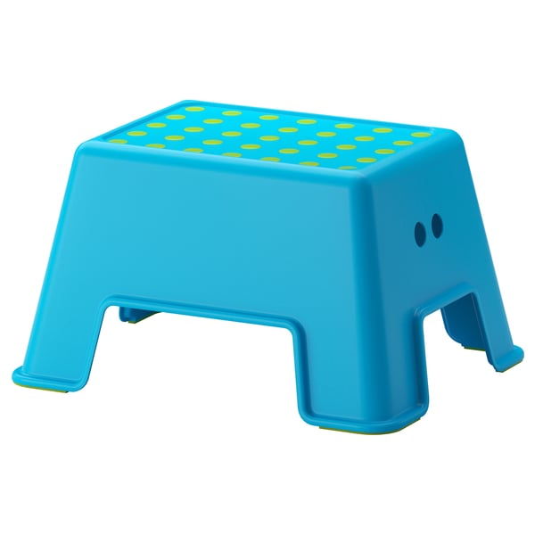 Blue plastic step stool with yellow dots. Kids & adults. Rectangular, stable.