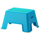 Blue plastic step stool with yellow dots. Kids & adults. Rectangular, stable.