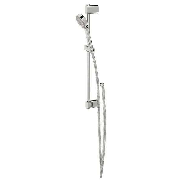 A sleek chrome BROGRUND shower riser rail with a handheld shower, designed for efficient and relaxing showers.