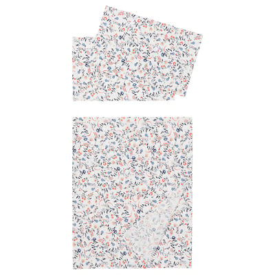 Image shows white cotton bedding set with blue and orange floral patterns, including a flat sheet and folded pillowcases.