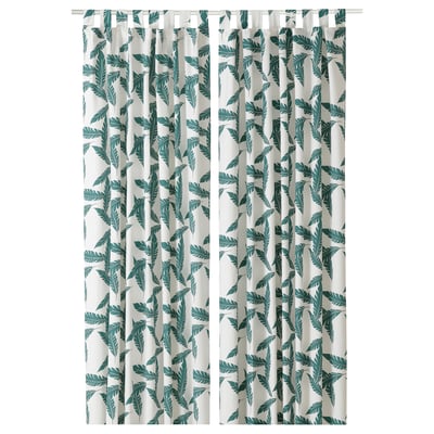 BUSKMÄTARE: green leaf-print curtains with eyelet heading, made of cotton.
