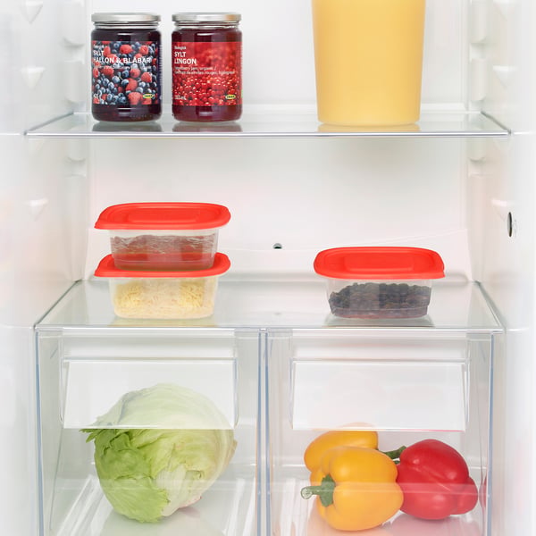 Fridge with berry preserves, cheese, blueberries, salad veggies.