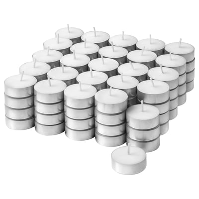 Collection of 48 white round tealight candles, stacked neatly in metal cups.