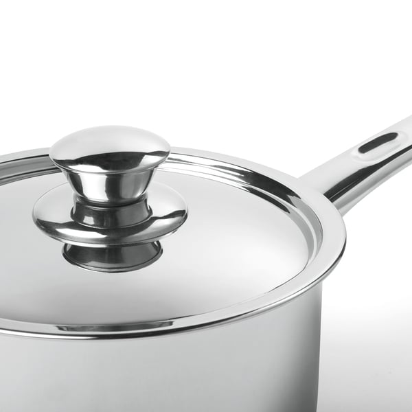 Shiny stainless steel saucepan with lid and handle, reflecting light, indicating high-quality finish.