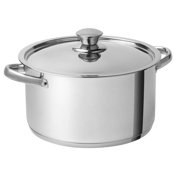 Silver saucepan with dual handles and lid.
