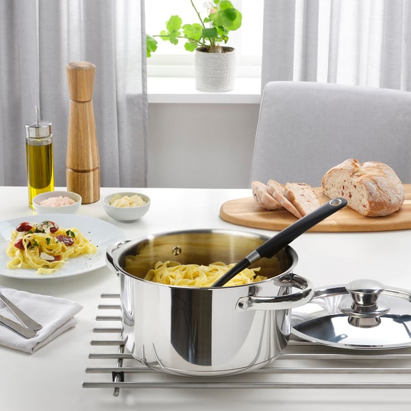 DVÄRGKRÄFTA pots with black handles on kitchen countertop.