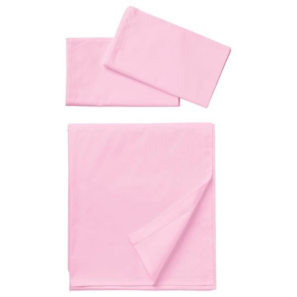 Folded light pink DVALA cotton bed sheet set. Two pieces: a flat sheet and a pillowcase, neatly arranged.