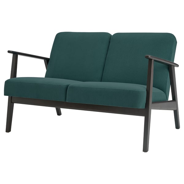 Modern teal loveseat with dark wood frame, sleek retro design, solid wooden legs.