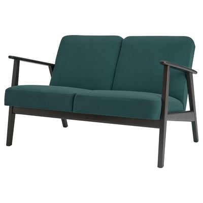 Modern teal loveseat with dark wood frame, sleek retro design, solid wooden legs.