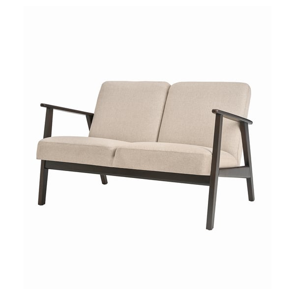 Modern beige sofa, mid-century design, dark wood frame, slanted legs, upholstered in polyester.