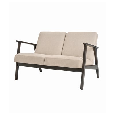 Modern beige sofa, mid-century design, dark wood frame, slanted legs, upholstered in polyester.