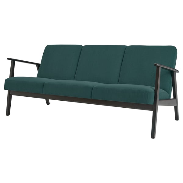 Green fabric sofa with wooden legs, 3-seater, mid-century design.