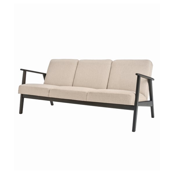 EKENÄSET sofa, light beige fabric, dark brown wood frame, slanted armrests, 1950s scandinavian design.