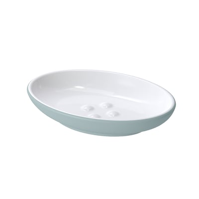 EKOLN white & light blue soap dish, oval, ceramic, modern design.