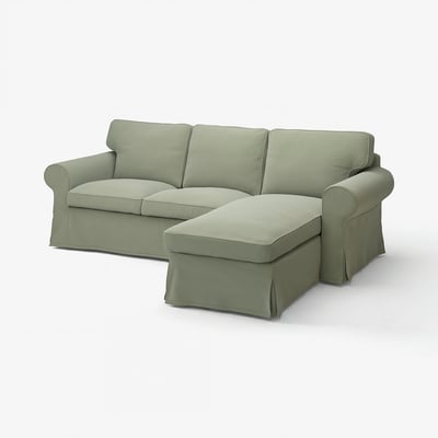 A green EKTORP sofa with a chaise, offering a plush, inviting design with thick cushions for comfort.