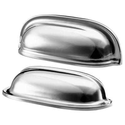 Two shiny chrome-plated aluminium cup handles, sleek and curved, side by side.