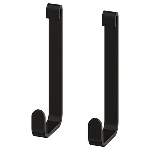 Two black ENHET hooks, sleek and minimalist, made of powder-coated stainless steel, designed for wall mount with grooves.