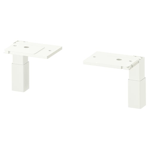 Two white ENHET base cabinet legs, rectangular plates with screws and adjustable feet, stabilising kitchen cabinets.