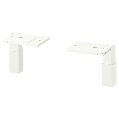 Two white ENHET base cabinet legs, rectangular plates with screws and adjustable feet, stabilising kitchen cabinets.