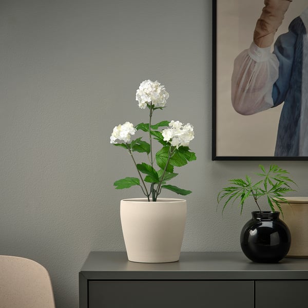 FEJKA white artificial plant in light pot sits on dark cabinet, next to small black vase, against grey wall with framed art.