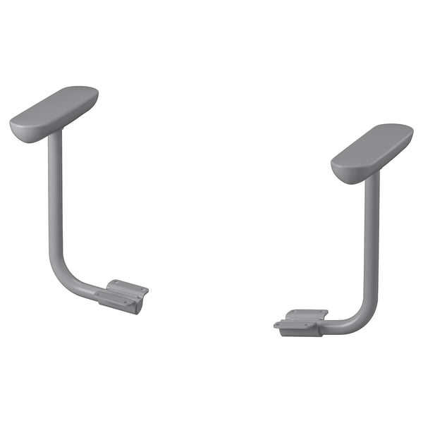 Image shows two grey FLINTAN office chair armrests, each with a curved metal base and padded top.