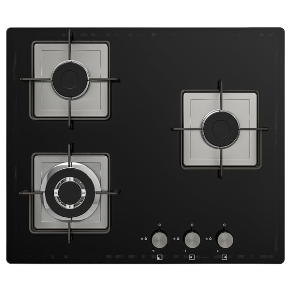 Black glass gas stove with 3 burners, round and square-shaped, controlled by front knobs.