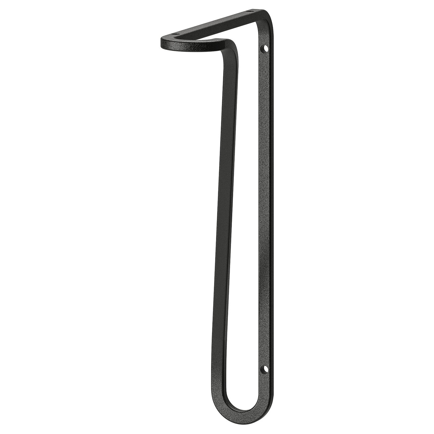 Black metal wall bracket FÖRLÄGGARE, slightly twisted design, fits shelves up to 30 cm deep.