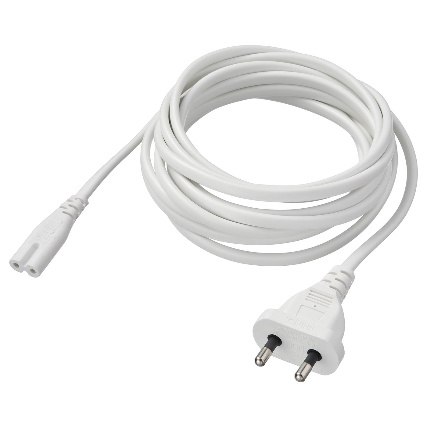 White pvc power cord with two prongs, coiled neatly for storage.