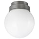 A FRIHULT round white glass lamp in silver, designed for ceiling mount.